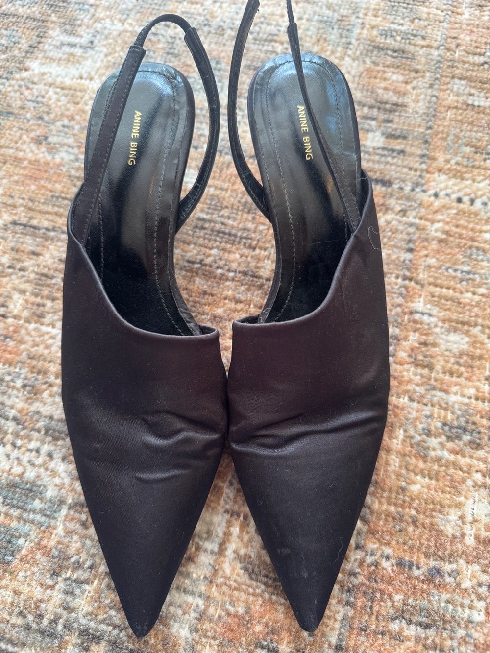 Anine Bing Black Pointed Slingback Pumps with Satin Finish 38